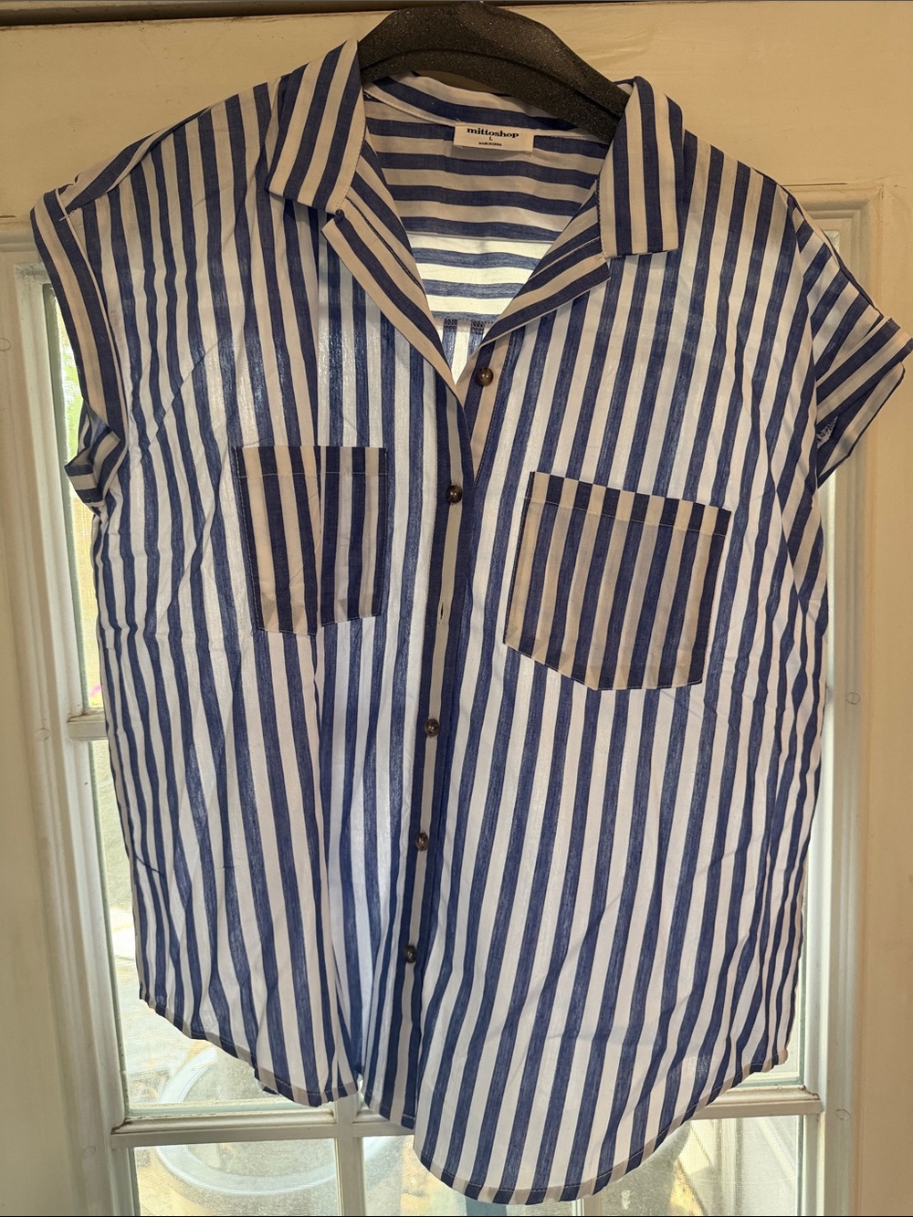 mittoshop Blue and White Vertical Stripe Short Sleeve Button Shirt